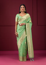 Women's Pista Green Zariwork Soft Silk Saree