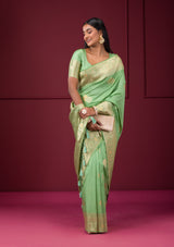 Women's Pista Green Zariwork Soft Silk Saree