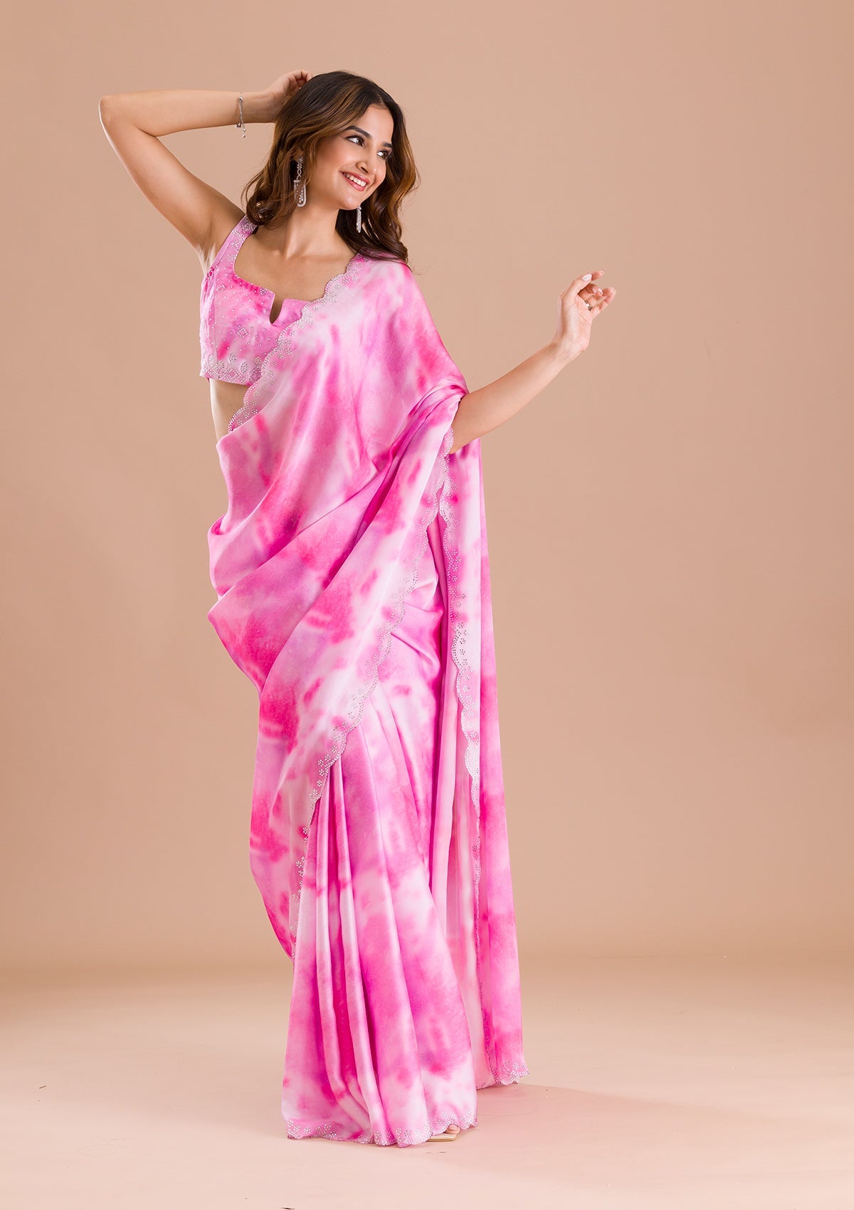 Women's Pink Printed Satin Saree