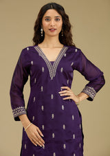 Women's Purple Zariwork Semi Crepe Readymade Salwar Suit