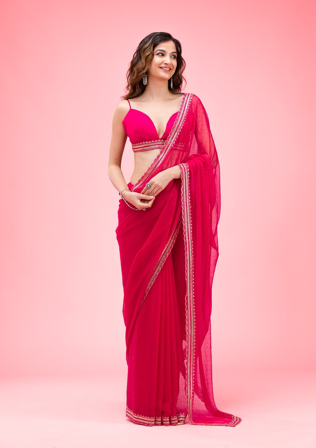 Women's Rani Pink Threadwork Chiffon Saree