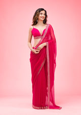 Women's Rani Pink Threadwork Chiffon Saree