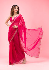 Women's Rani Pink Threadwork Chiffon Saree