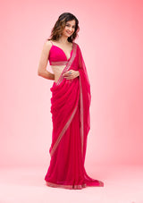 Women's Rani Pink Threadwork Chiffon Saree