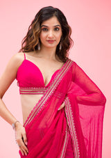 Women's Rani Pink Threadwork Chiffon Saree
