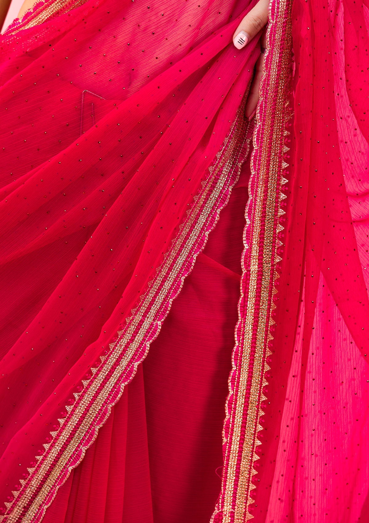 Women's Rani Pink Threadwork Chiffon Saree