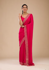 Women's Rani Pink Zariwork Soft Silk Saree