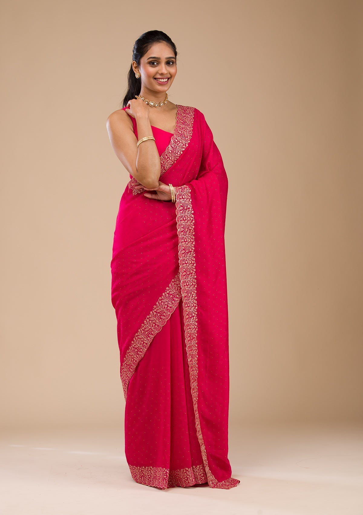 Women's Rani Pink Zariwork Soft Silk Saree