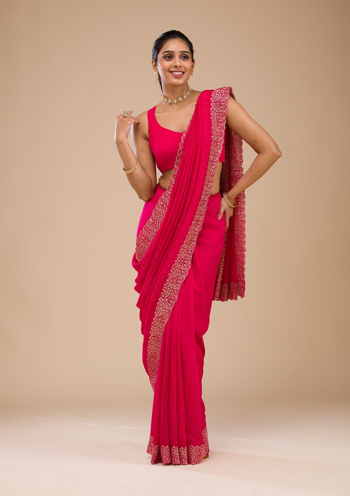 Women's Rani Pink Zariwork Soft Silk Saree