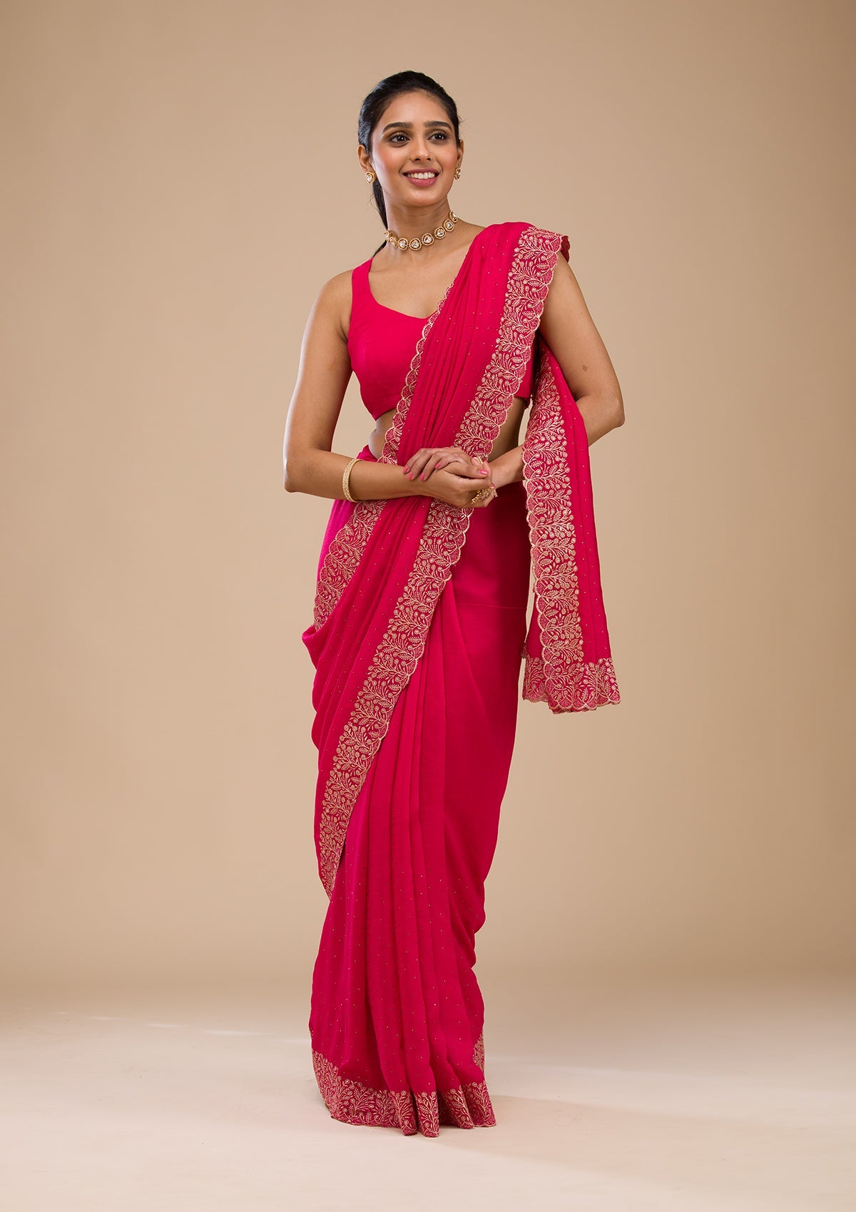 Women's Rani Pink Zariwork Soft Silk Saree