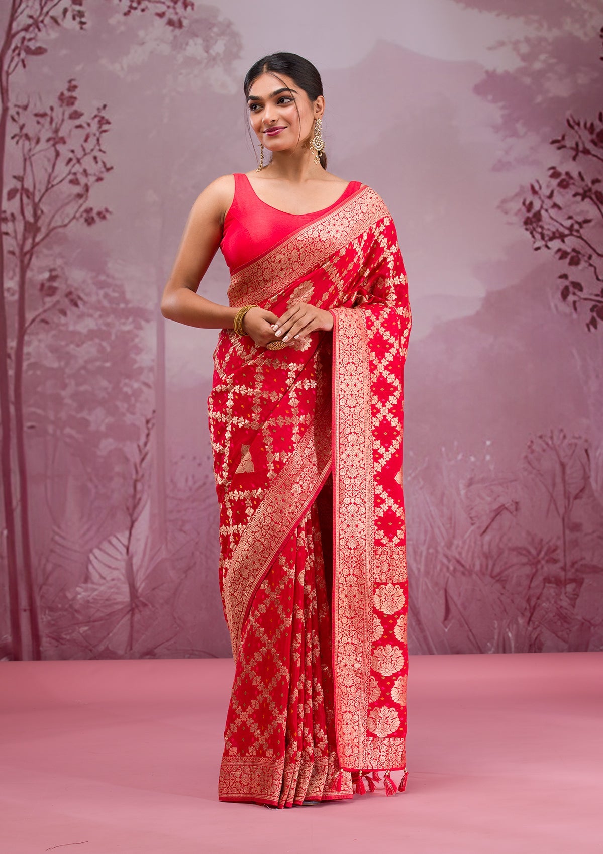 Women's Red Zariwork Georgette Saree