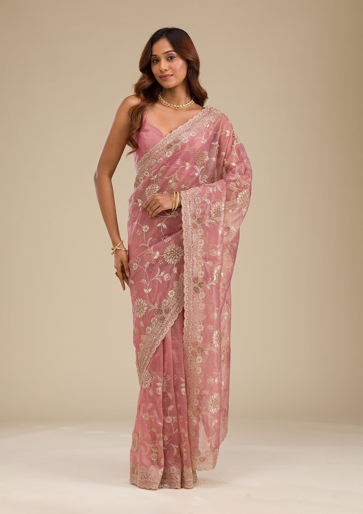Women's Pink Zariwork Tissue Saree