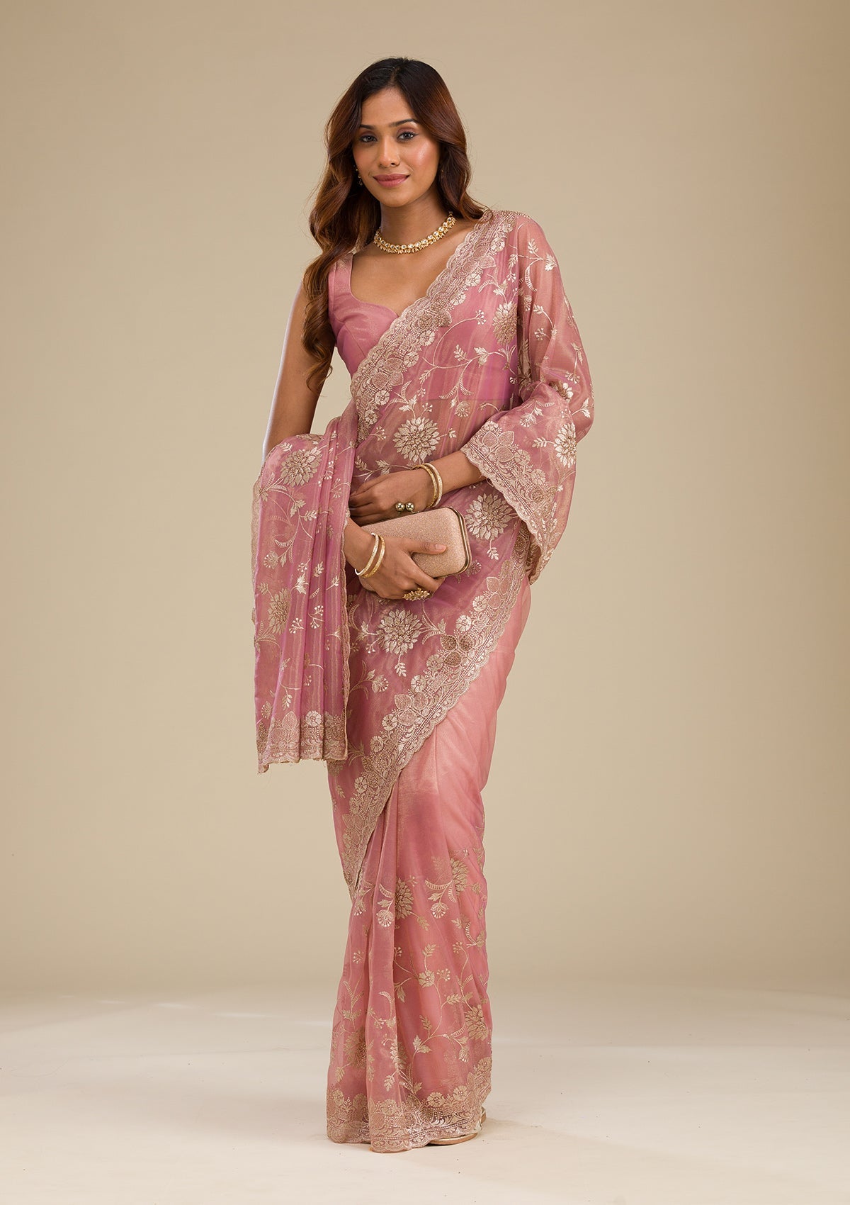 Women's Pink Zariwork Tissue Saree
