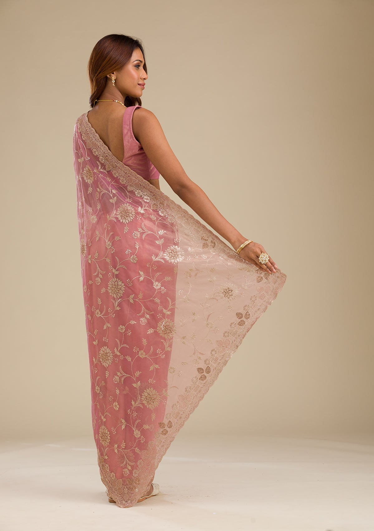Women's Pink Zariwork Tissue Saree