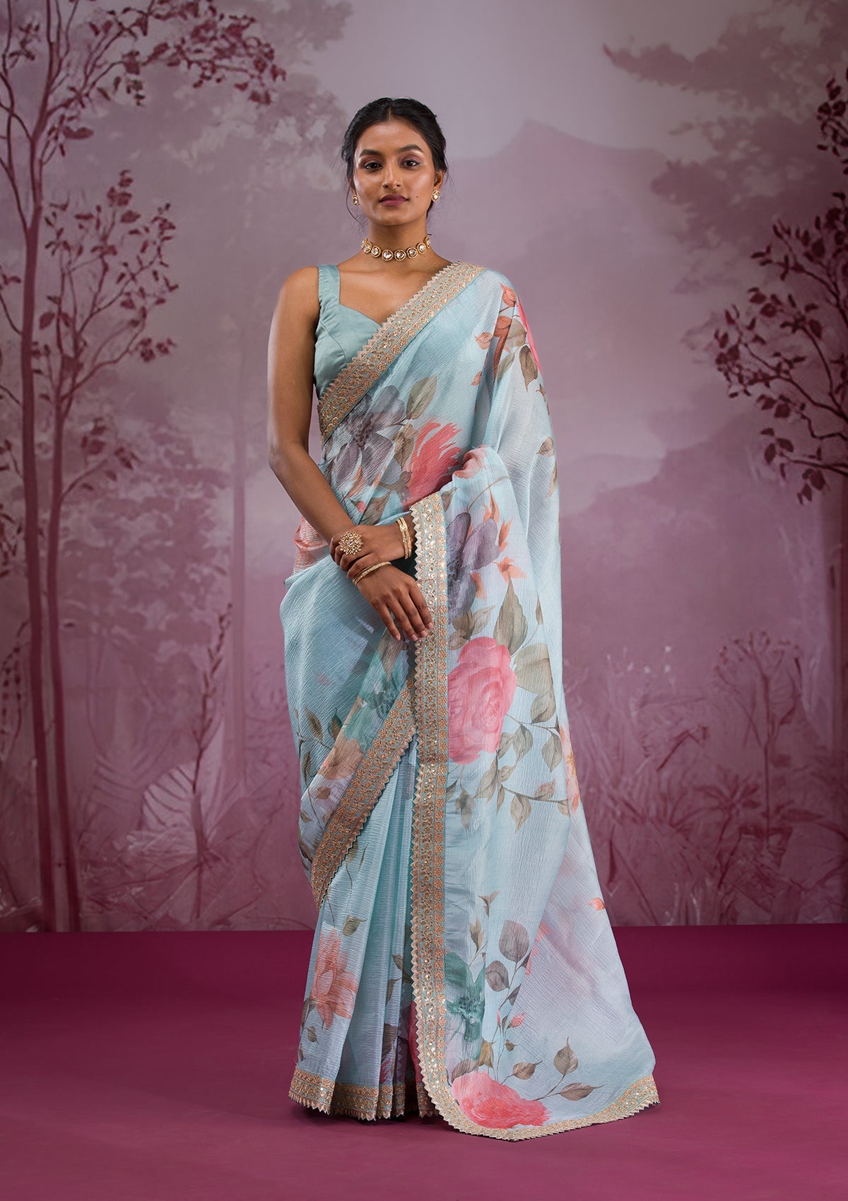 Women's Sea Green Printed Georgette Saree