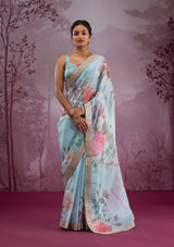 Women's Sea Green Printed Georgette Saree