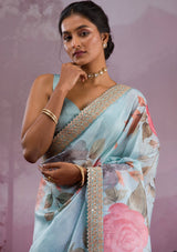 Women's Sea Green Printed Georgette Saree