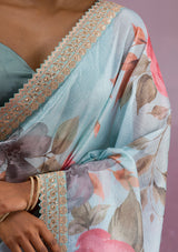 Women's Sea Green Printed Georgette Saree