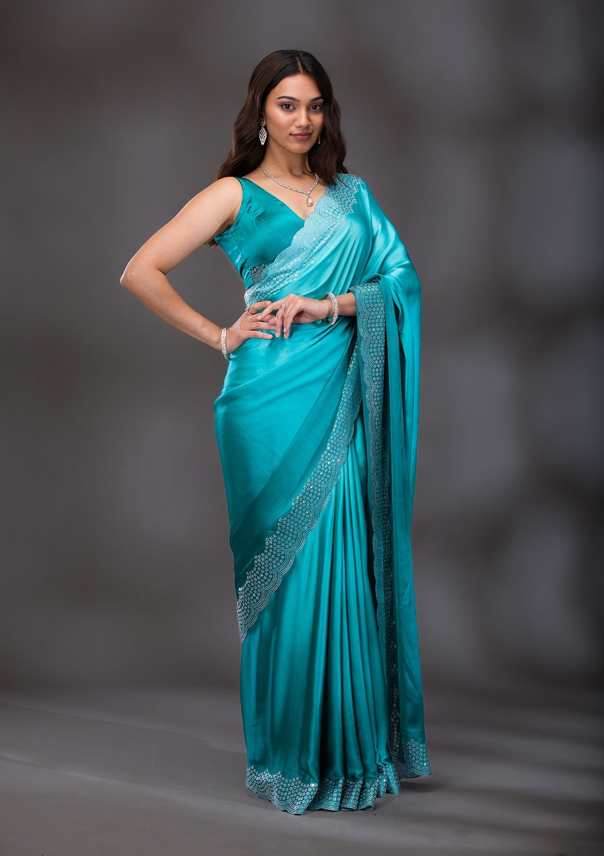 Women's Sea Green Swarovski Satin Saree