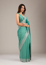 Women's Sea Green Zariwork Soft Silk Saree