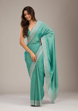 Women's Sea Green Zariwork Soft Silk Saree