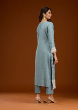 Women's Sky Blue Threadwork Semi Crepe Readymade Salwar Suit