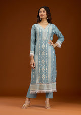 Women's Sky Blue Threadwork Semi Crepe Readymade Salwar Suit