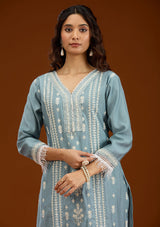 Women's Sky Blue Threadwork Semi Crepe Readymade Salwar Suit