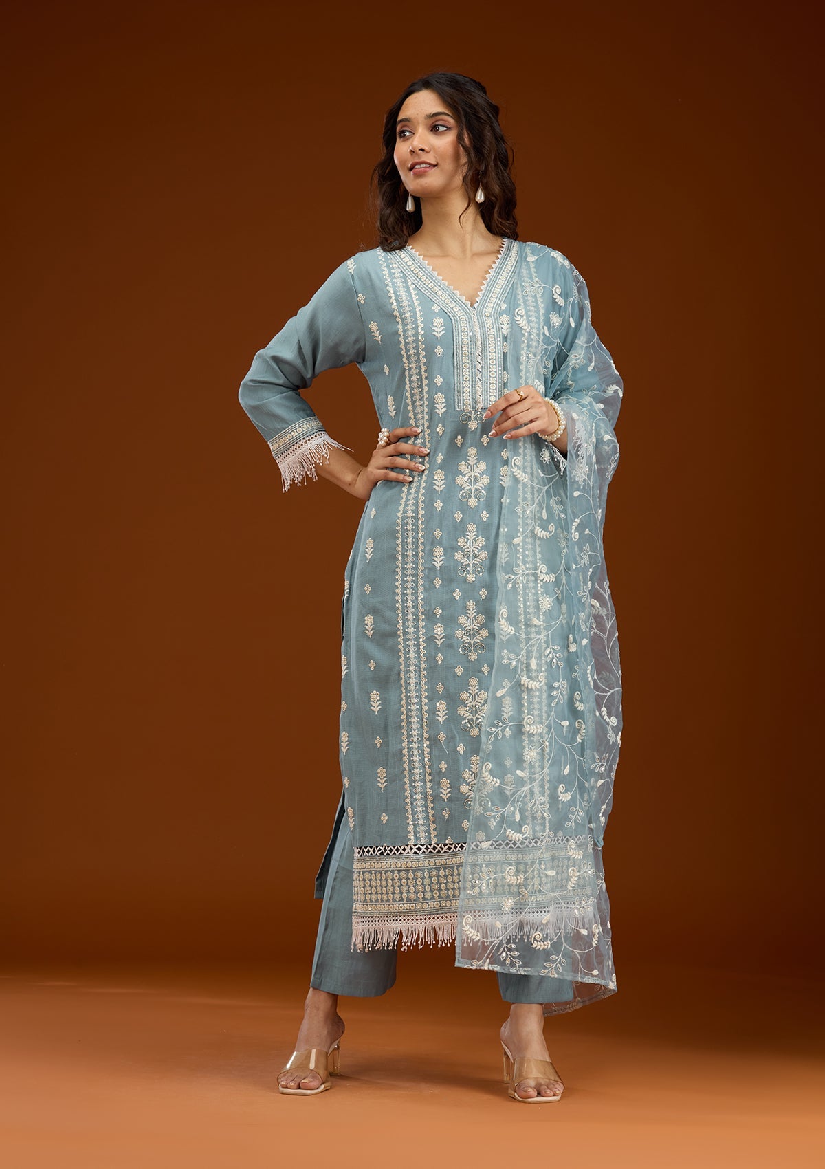 Women's Sky Blue Threadwork Semi Crepe Readymade Salwar Suit