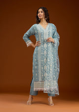 Women's Sky Blue Threadwork Semi Crepe Readymade Salwar Suit