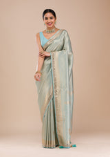 Women's Sky Blue Mirrorwork Silk Saree