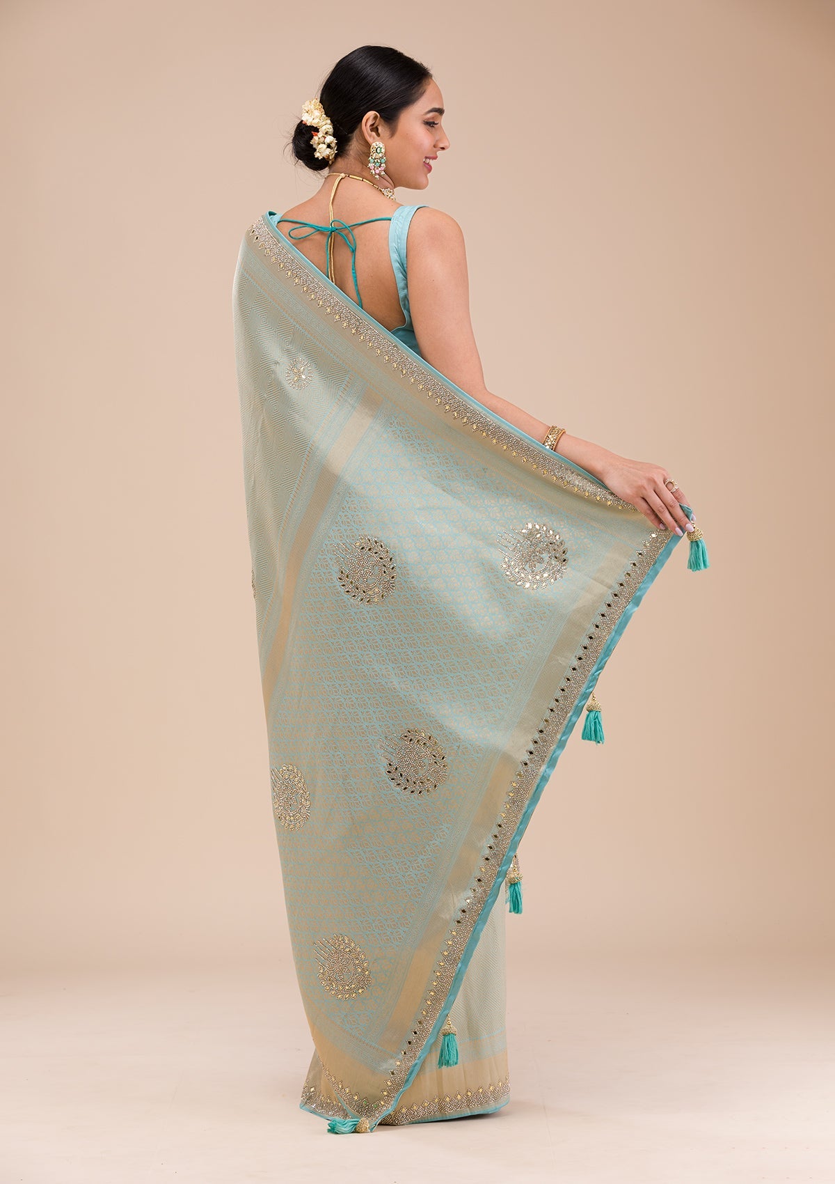 Women's Sky Blue Mirrorwork Silk Saree