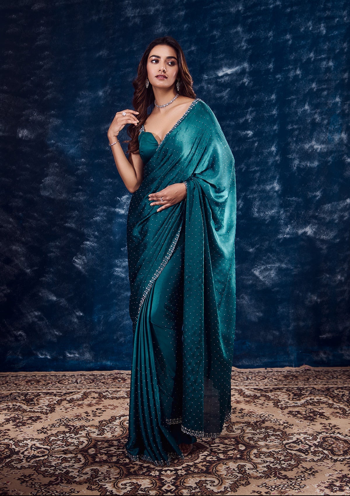 Women's Turquoise Blue Stonework Satin Designer Saree