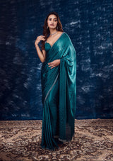 Women's Turquoise Blue Stonework Satin Designer Saree