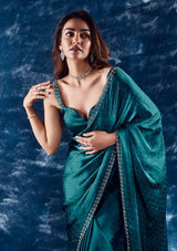 Women's Turquoise Blue Stonework Satin Designer Saree