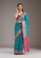 Women's Turquoise Blue Threadwork Art Silk Saree