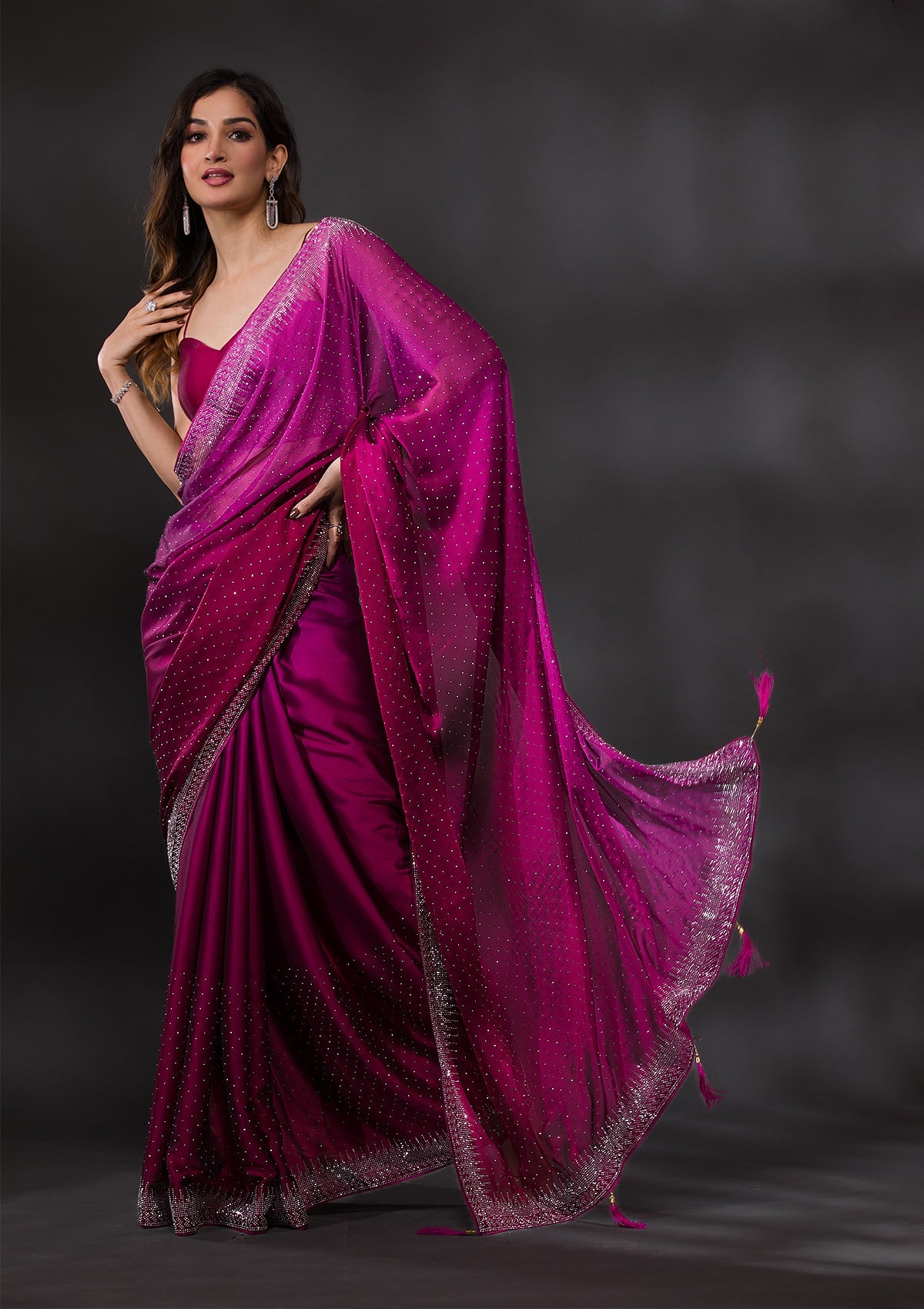 Women's Ombre Wine Stonework Satin Designer Saree