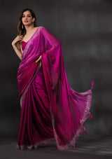 Women's Ombre Wine Stonework Satin Designer Saree