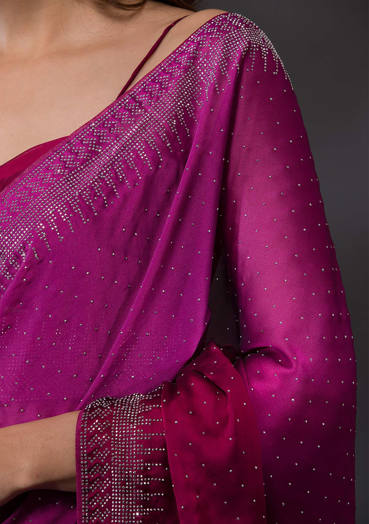 Women's Ombre Wine Stonework Satin Designer Saree