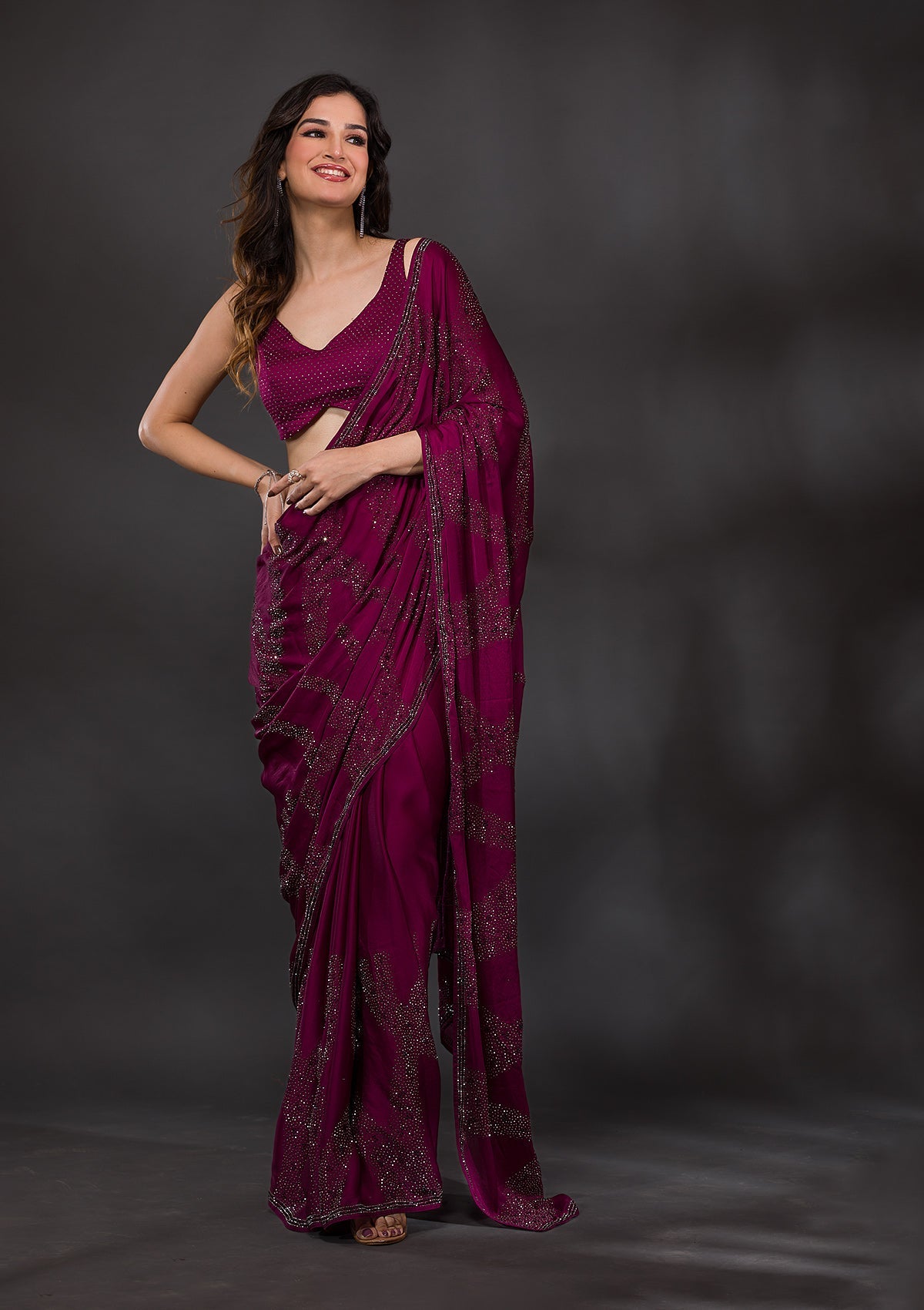 Women's Purple Stonework Satin Designer Saree