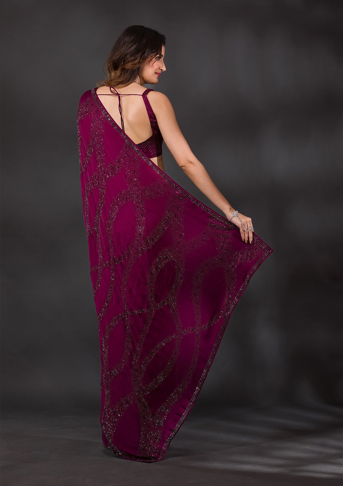 Women's Purple Stonework Satin Designer Saree