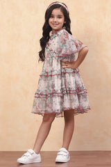 Girls Beige Casual Regular Fit Printed Dress