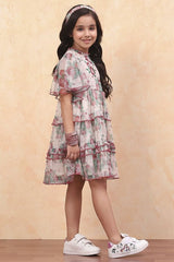 Girls Beige Casual Regular Fit Printed Dress