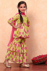 Girls Green Festive Regular Fit Printed Suit Set