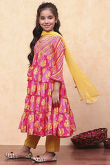 Girls Pink Festive Regular Fit Printed Suit Set