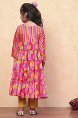 Girls Pink Festive Regular Fit Printed Suit Set
