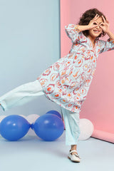 Girls Blue Festive Regular Fit Printed Kurta Set