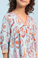 Girls Blue Festive Regular Fit Printed Kurta Set