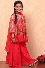 Girls Red Festive Regular Fit Printed Suit Set
