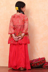 Girls Red Festive Regular Fit Printed Suit Set